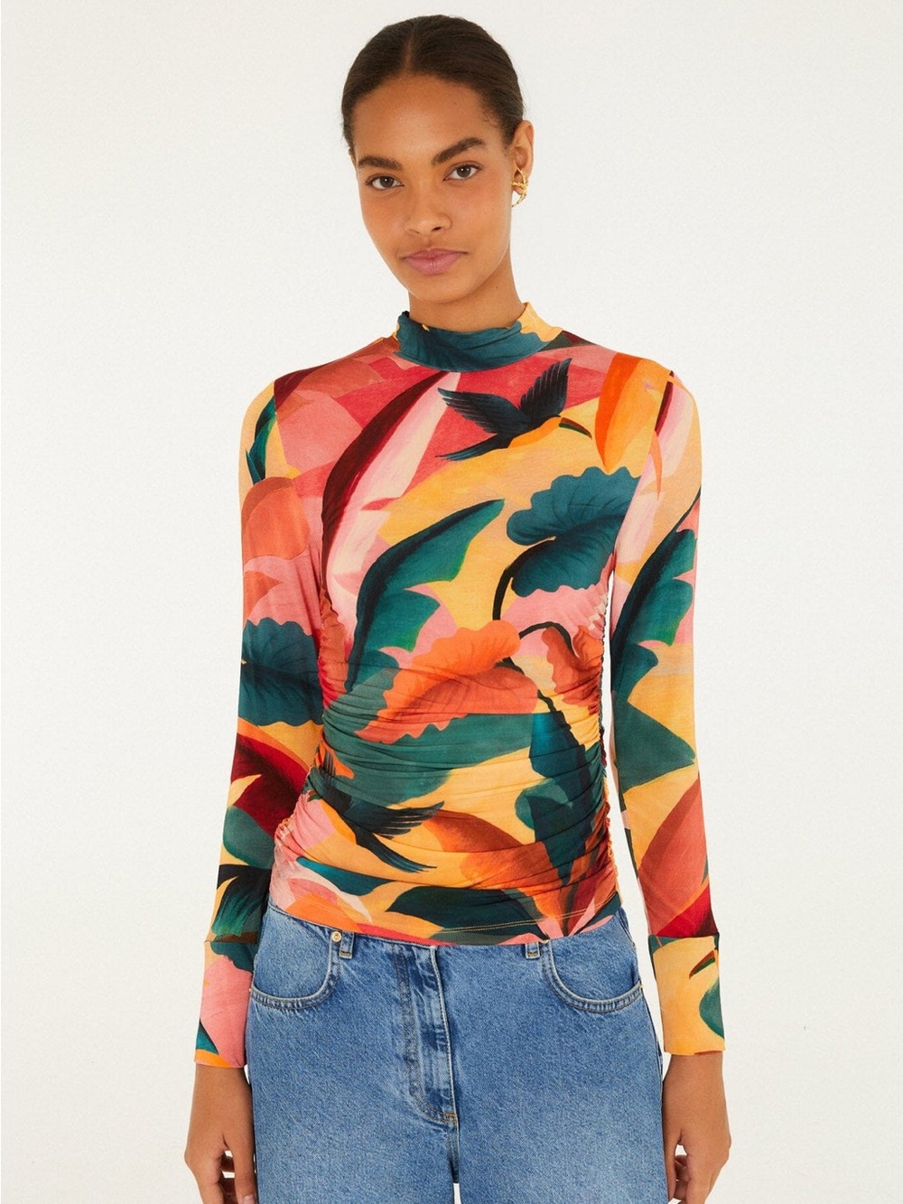 FARM Rio Tropical Ruched Long Sleeve Top in Teal, Orange & Pink